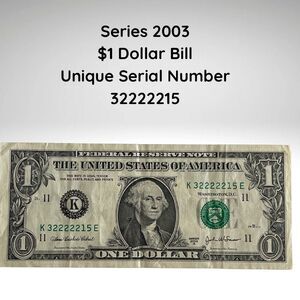 2003 $1 Bill – Fancy Serial Number 32222215 – Run of (5) Twos – Circulated